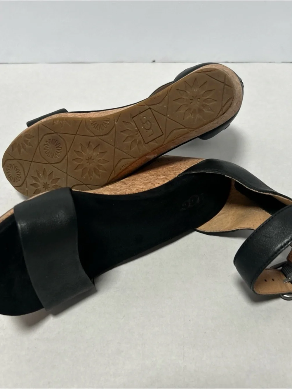 UGG Zoe II Leather Open Wedge Cork Sandal Ankle Strap‎ 1102674 Black Size 6.5